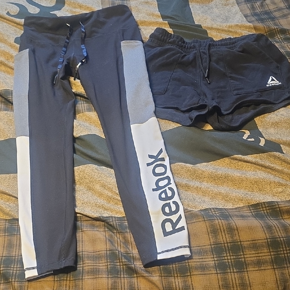 Reebok Womens' Black and Gray Leggings with Shorts Set Of 2 Leggings New